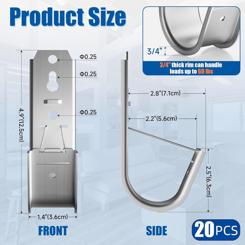 Dabolang 20 Pack J Cable Hook with Retainer Clip, 2-Inch Heavy Duty Wall Mount J-Hooks,J-Hook for Hanging Cable & Wire,Cable Hooks for Structured Cabling and Cable Management - Image 2